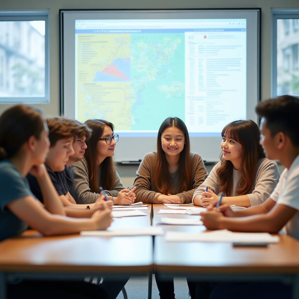 Estudiantes colaborando en un aula moderna